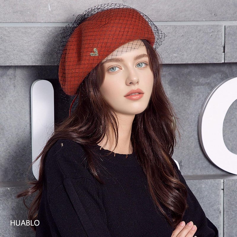 huablo French Berets Hat with Veil Premium Cashmere Beret Elegant Church Wool Hat for Women Solid Artist Hat - Image 2